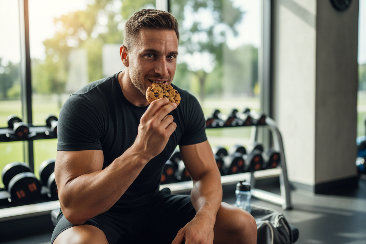 a gym enthusiast eating a protein cooki